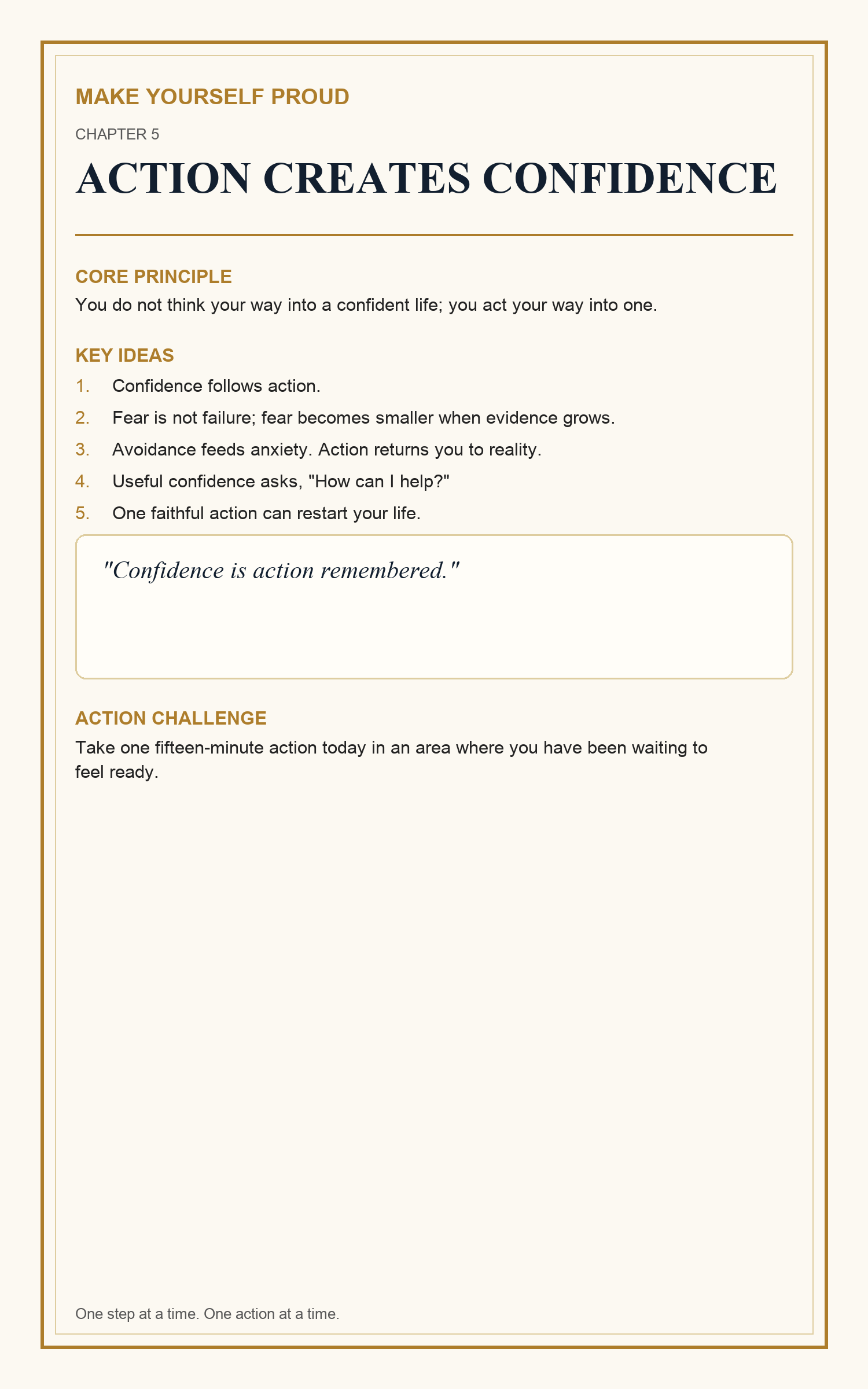 Infographic from Make Yourself Proud showing how action creates confidence through evidence.