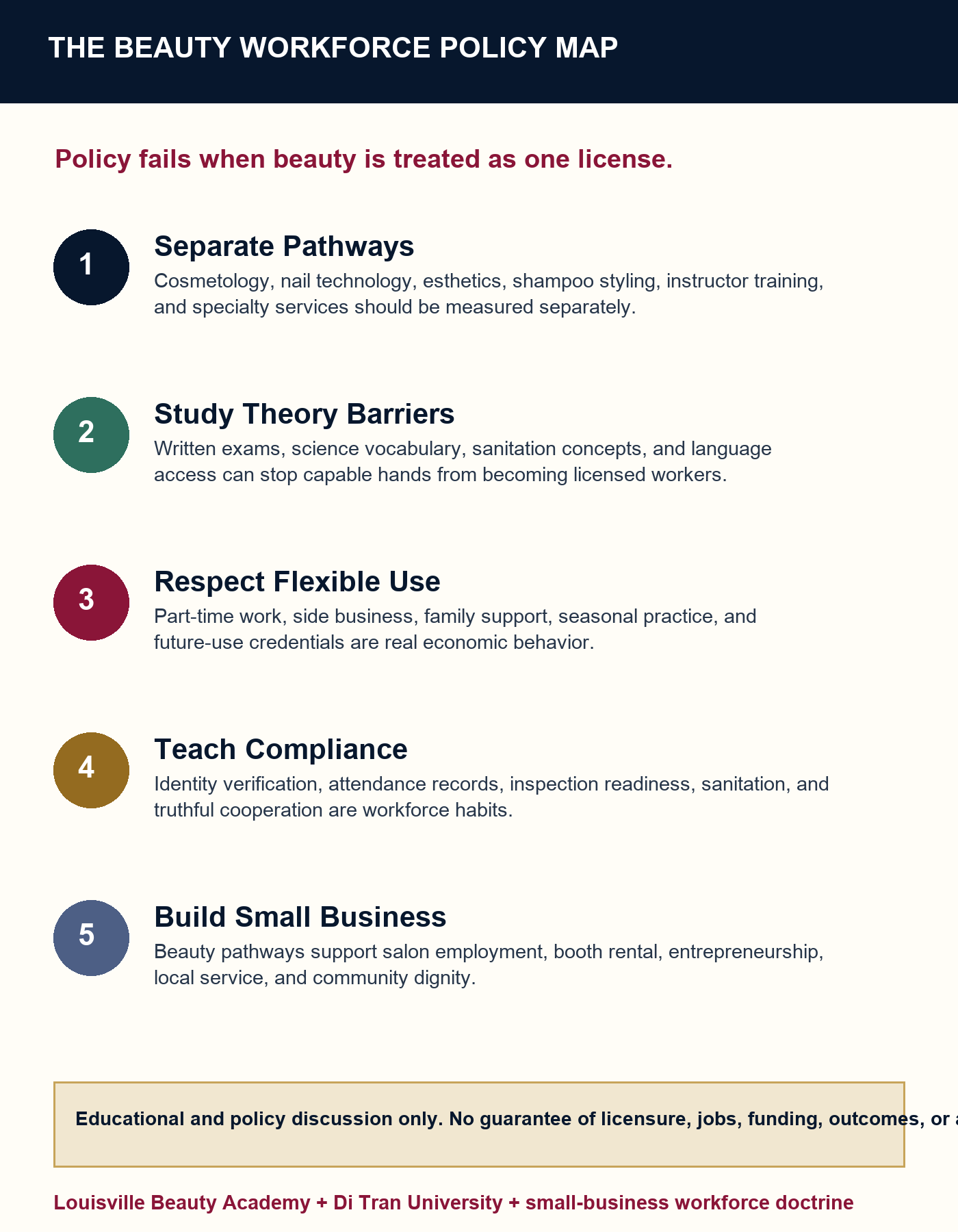 Infographic mapping beauty workforce policy: pathways, theory barriers, compliance, and small business