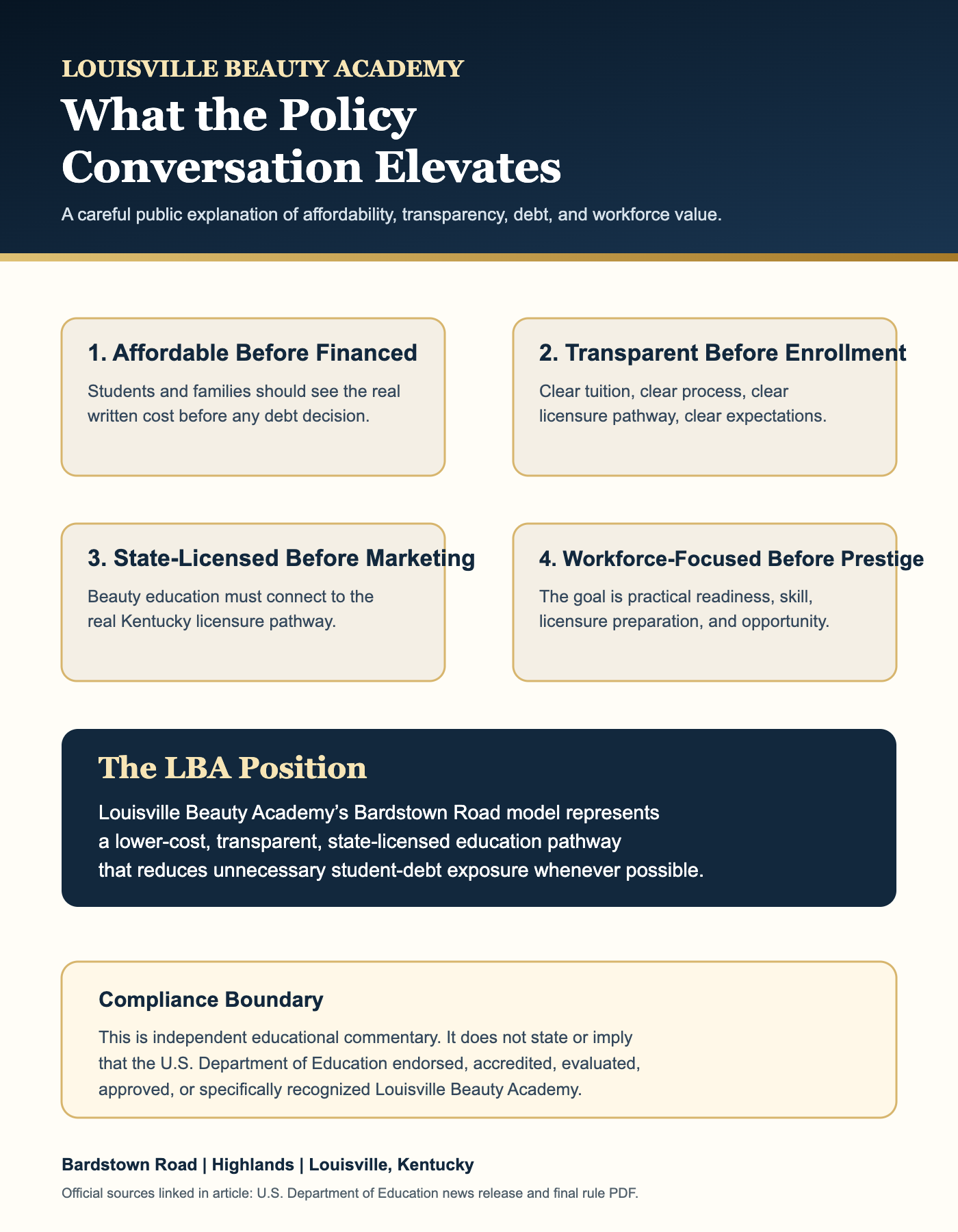 Infographic explaining affordability, transparency, state licensure, workforce preparation, and responsible student-debt exposure.