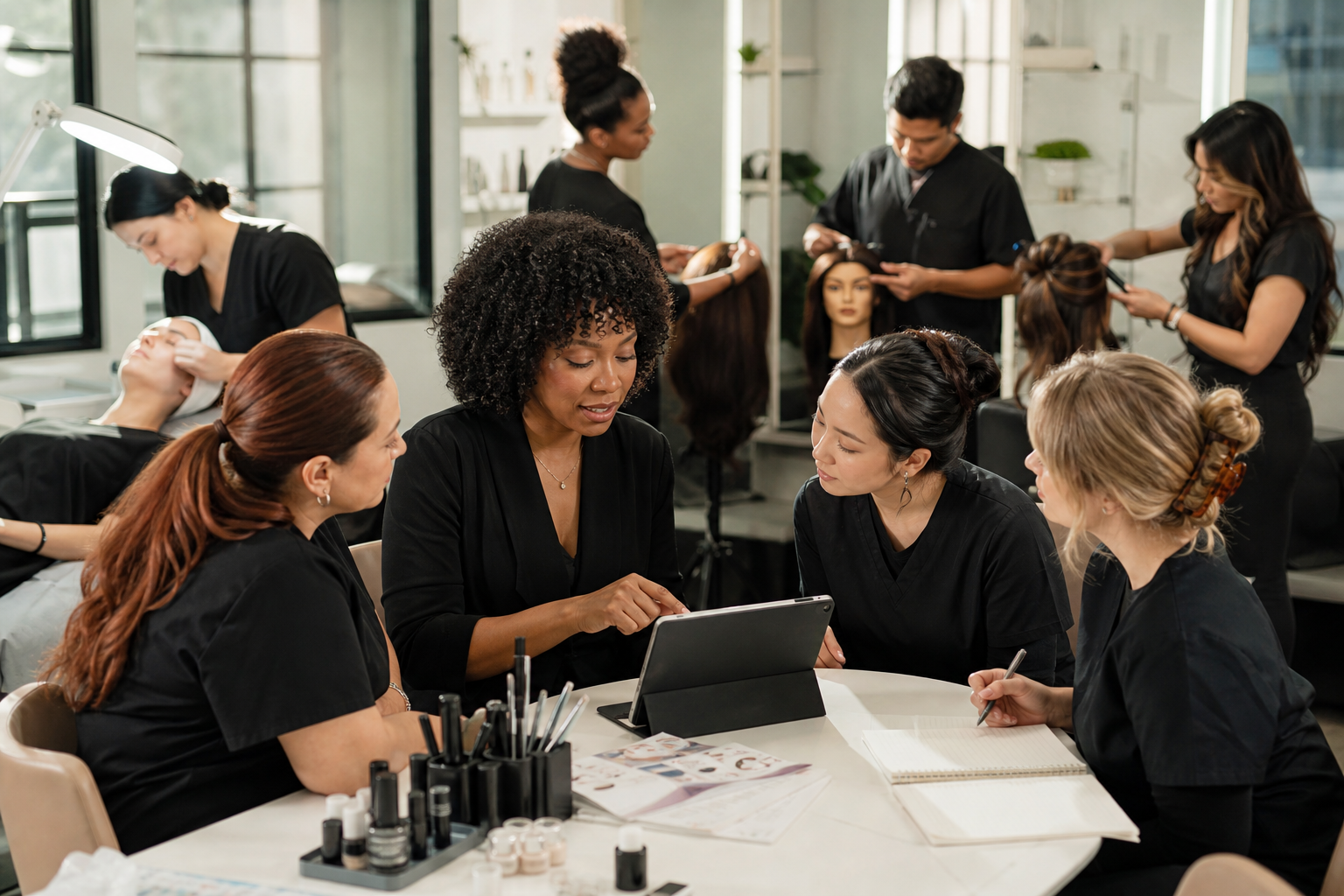 Modern beauty education training environment showing multiple specialized career pathways including nails, skincare, hair, and student guidance.