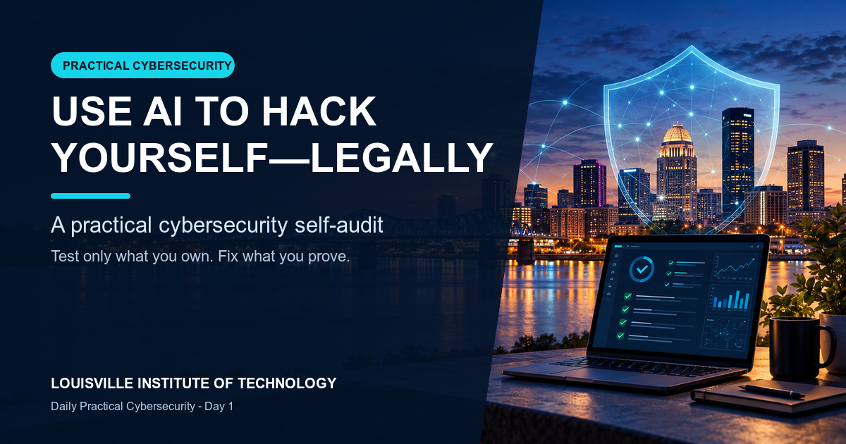 Louisville skyline at dusk with a defensive cybersecurity shield and laptop dashboard; title reads Use AI to Hack Yourself—Legally, a practical cybersecurity self-audit.